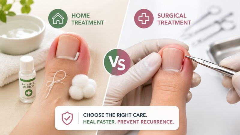 Ingrown toenail home treatment vs surgical treatment comparison showing early care vs clinical procedure