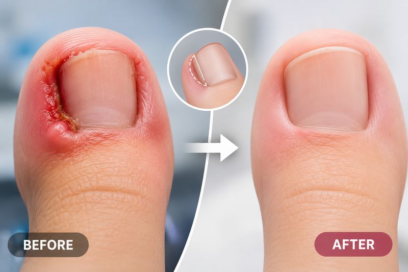 Vandenbos procedure before and after showing healed ingrown toenail results with healthier nail border and reduced inflammation.