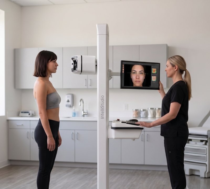 Nurse practitioner performing a skin cancer screening using digital mole mapping in London, Ontario.