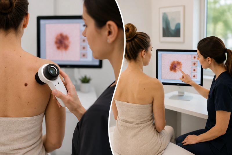 Dermatologist examining a mole with a dermatoscope during a skin check clinic visit.