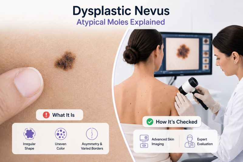 Dysplastic nevus with an atypical mole examined by a dermatologist using dermoscopy and advanced skin imaging.