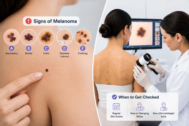 Signs of melanoma, including ABCDE changes, with a dermatologist examining a suspicious mole.