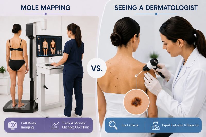 Mole mapping vs dermatologist exam, showing full-body imaging, mole tracking, dermoscopy, and expert skin evaluation.