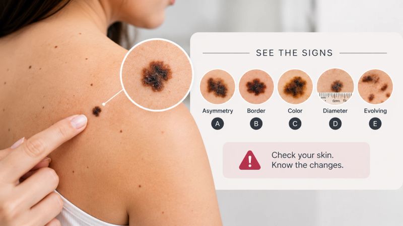 Early melanoma signs shown through the ABCDE guide, with a suspicious mole highlighted on the skin.