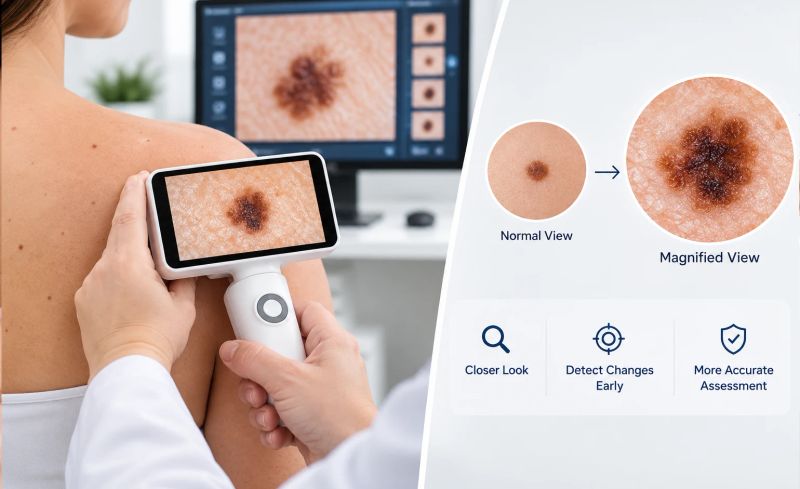 Digital dermoscopy uses magnified skin imaging to examine moles, detect changes, and support early melanoma detection.