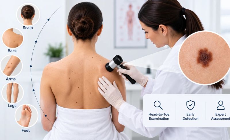 Full-body skin exam showing a dermatologist checking moles from head to toe with dermoscopy for early detection.