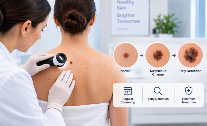 Skin cancer screening with a dermatologist examining a mole using dermoscopy for early detection and regular skin checks.