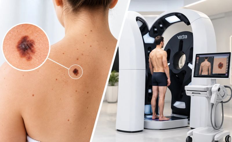 Melanoma screening with mole assessment, dermatoscopy, and 3D full-body skin imaging in a clinic.