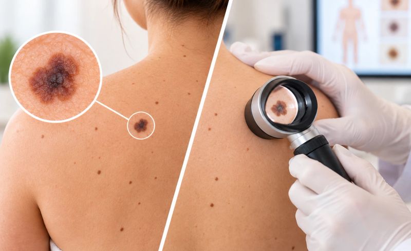 Atypical mole on the back examined with dermatoscopy, showing a magnified view of the irregular lesion.