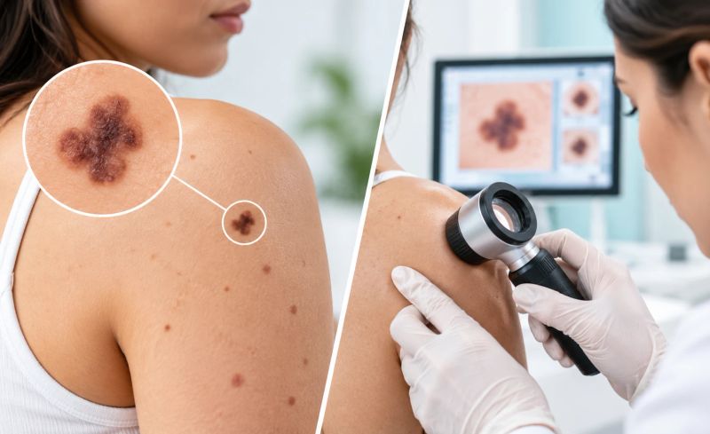 Dermatologist examining an irregular mole on the shoulder with a dermatoscope and magnified skin lesion view.