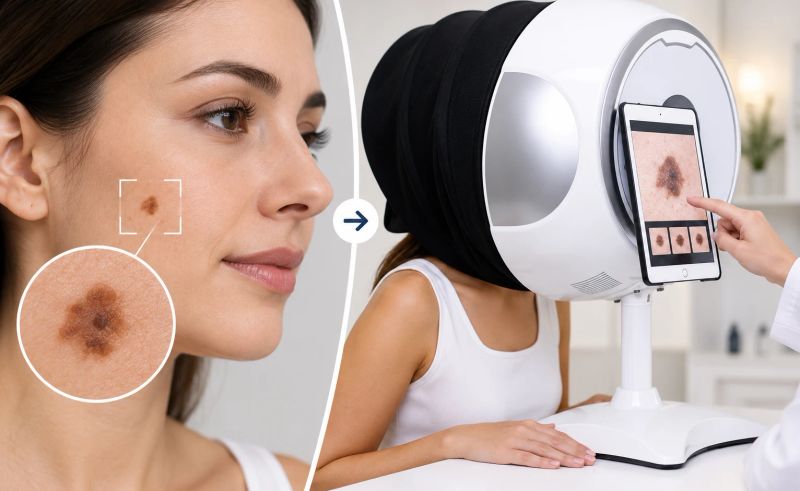 Digital skin imaging scanner examining a mole with magnified skin analysis for early detection and monitoring.