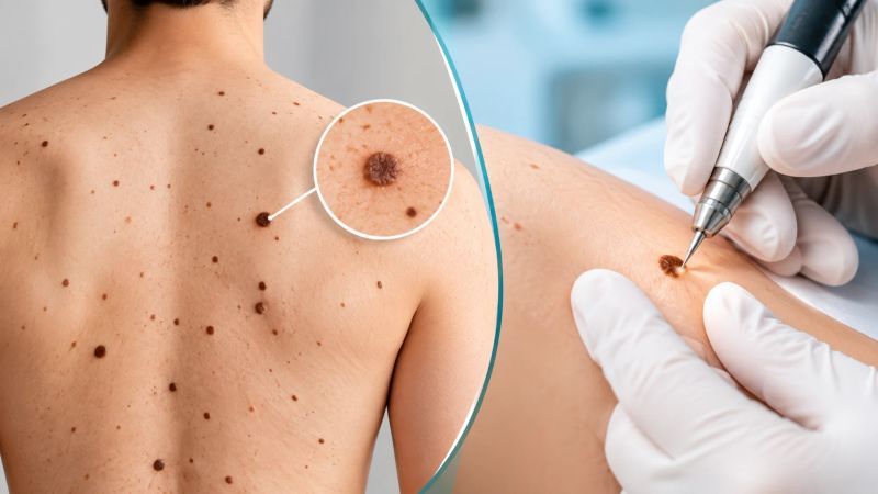Multiple moles on the back with a close-up view and professional mole removal treatment.
