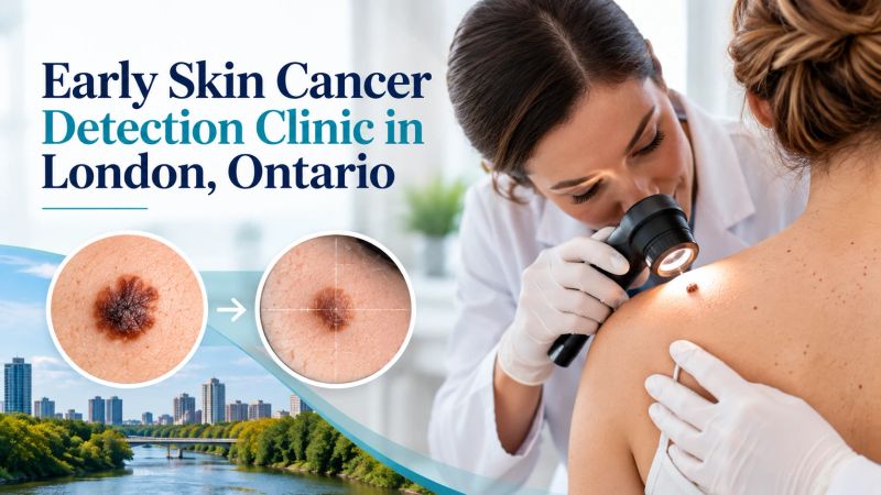 Dermatologist examining a mole with a dermatoscope at a skin cancer detection clinic in London, Ontario.
